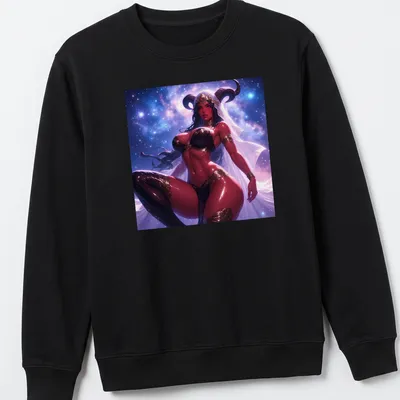 Illustration of a Red Demon Succubus with a cosmic background in purple, black, gold, and white. — printed on a unisex sweatshirt