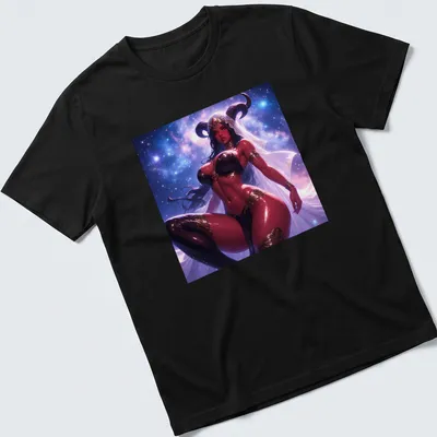 Illustration of a Red Demon Succubus with a cosmic background in purple, black, gold, and white. — printed on a unisex t-shirt