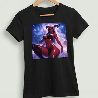 Illustration of a Red Demon Succubus with a cosmic background in purple, black, gold, and white. — printed on a women's shirt