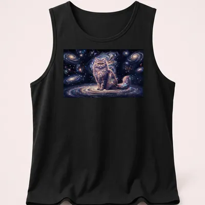 Illustration of a Persian cat in a cosmic galaxy with shades of purple and pink — printed on a tank top