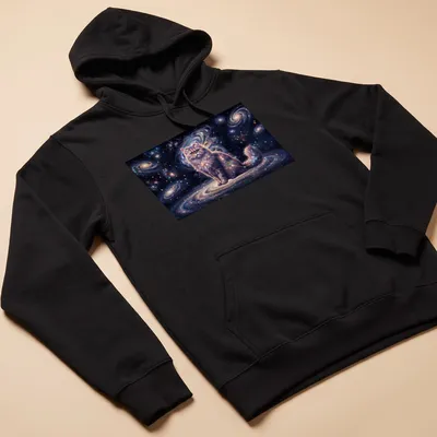 Illustration of a Persian cat in a cosmic galaxy with shades of purple and pink — printed on a unisex hoodie