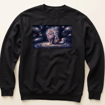 Illustration of a Persian cat in a cosmic galaxy with shades of purple and pink — printed on a unisex sweatshirt