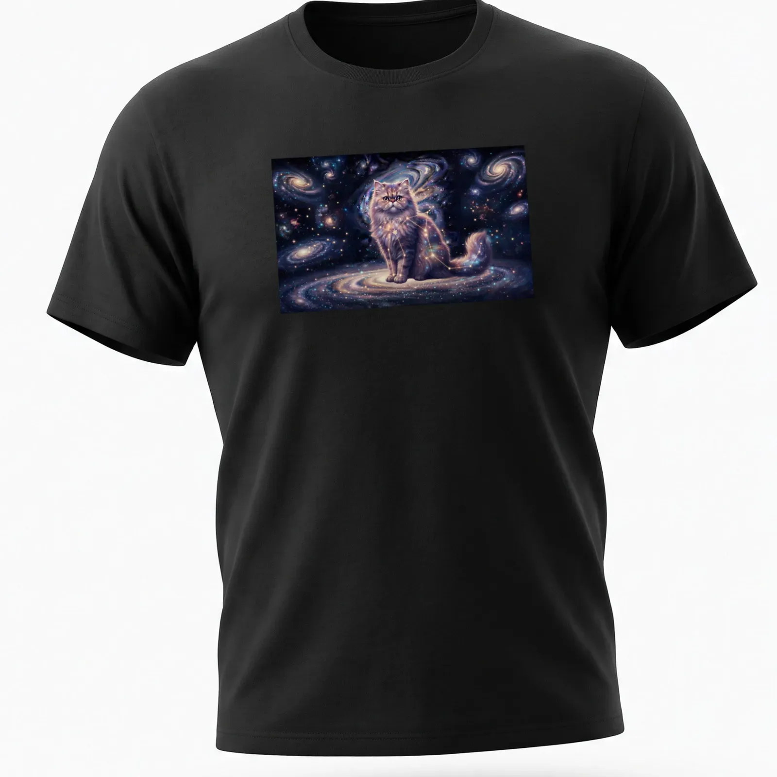 Illustration of a Persian cat in a cosmic galaxy with shades of purple and pink — printed on a unisex t-shirt