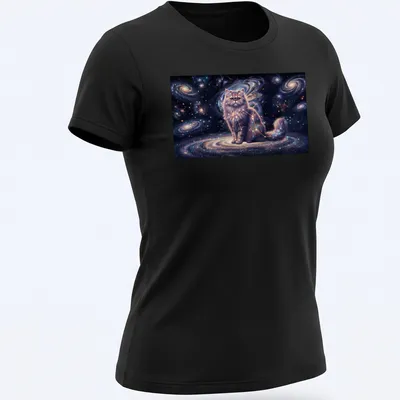 Illustration of a Persian cat in a cosmic galaxy with shades of purple and pink — printed on a women's shirt