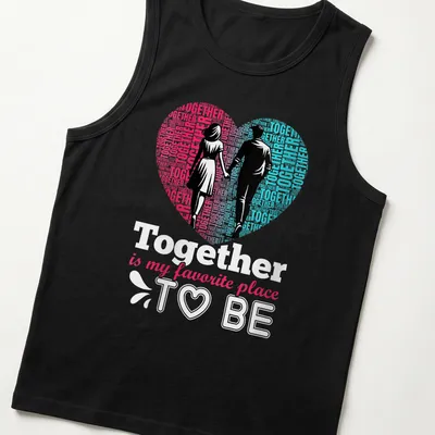 Modern graphic t-shirt with couples holding hands and the text Together is my favorite place to be — printed on a tank top