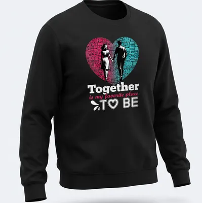 Modern graphic t-shirt with couples holding hands and the text Together is my favorite place to be — printed on a unisex sweatshirt