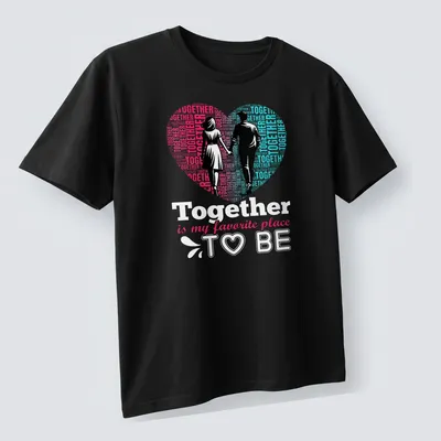 Modern graphic t-shirt with couples holding hands and the text Together is my favorite place to be — printed on a unisex t-shirt (angled view)