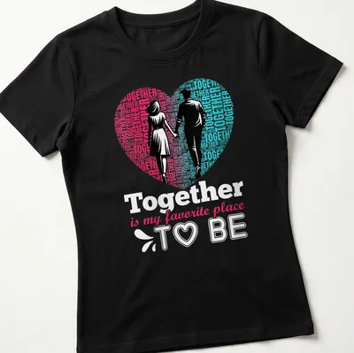 Modern graphic t-shirt with couples holding hands and the text Together is my favorite place to be — printed on a women's shirt