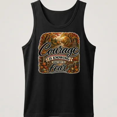 Vintage illustration of an autumn landscape with a quote about courage — printed on a tank top