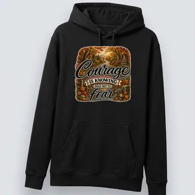 Vintage illustration of an autumn landscape with a quote about courage — printed on a unisex hoodie