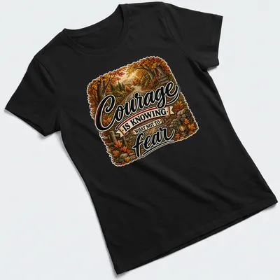Vintage illustration of an autumn landscape with a quote about courage — printed on a women's shirt