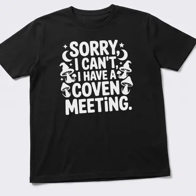 Playful graphic featuring the text 'Sorry I Can’t I Have A Coven Meeting' in black, white, and purple — printed on a unisex t-shirt