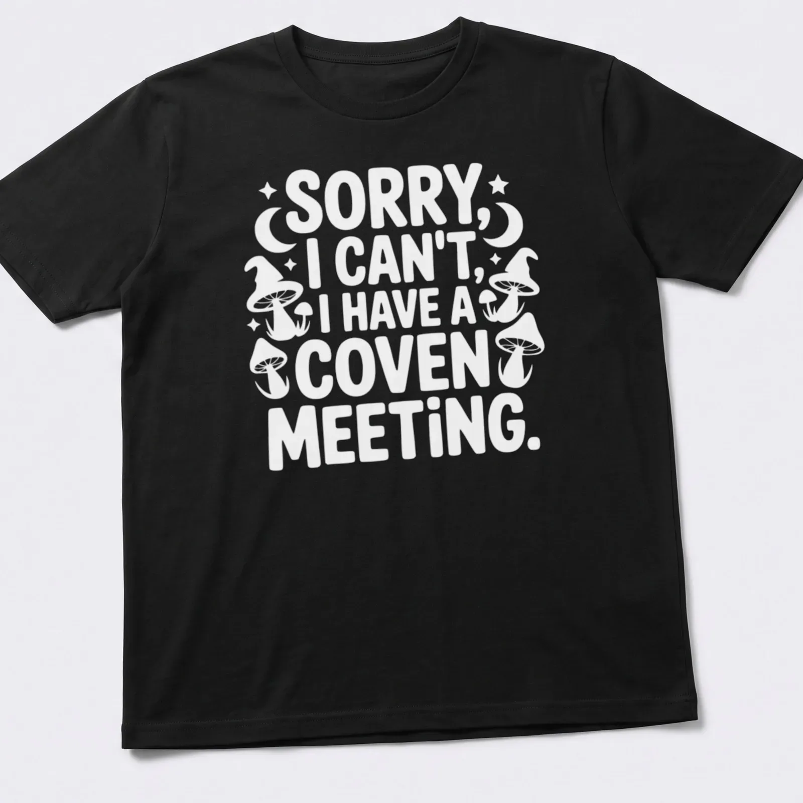 Playful graphic featuring the text 'Sorry I Can’t I Have A Coven Meeting' in black, white, and purple — printed on a unisex t-shirt