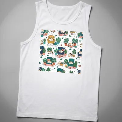 Whimsical illustration of sleeping cats surrounded by colorful houseplants — printed on a tank top