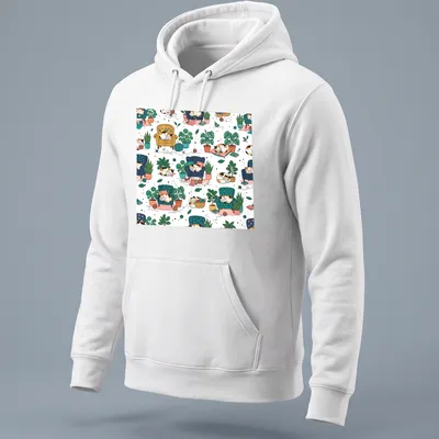 Whimsical illustration of sleeping cats surrounded by colorful houseplants — printed on a unisex hoodie