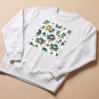 Whimsical illustration of sleeping cats surrounded by colorful houseplants — printed on a unisex sweatshirt
