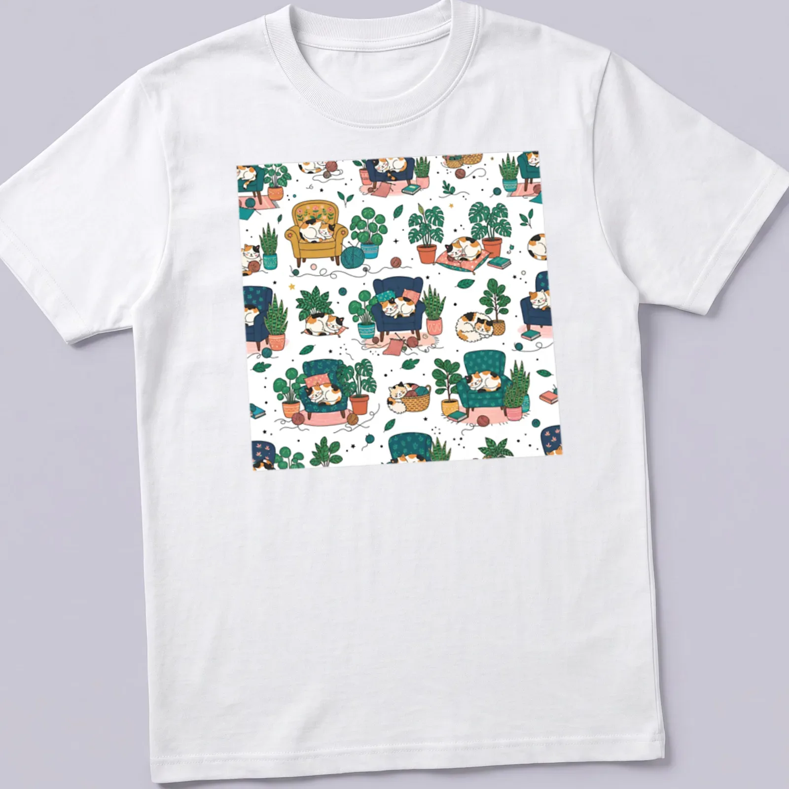 Whimsical illustration of sleeping cats surrounded by colorful houseplants — printed on a unisex t-shirt