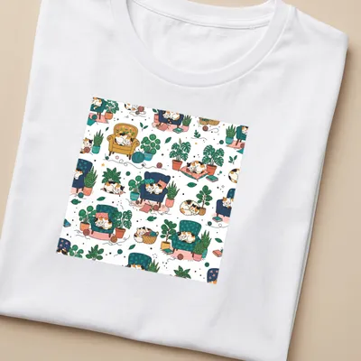 Whimsical illustration of sleeping cats surrounded by colorful houseplants — printed on a women's shirt