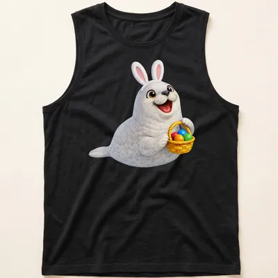 Cartoon Crabeater seal holding a colorful Easter basket with eggs. — printed on a tank top