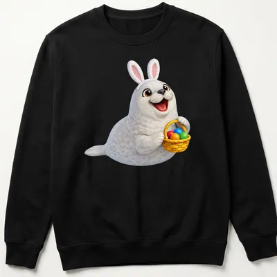 Cartoon Crabeater seal holding a colorful Easter basket with eggs. — printed on a unisex sweatshirt