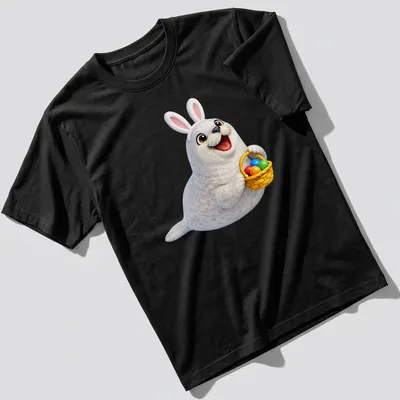 Cartoon Crabeater seal holding a colorful Easter basket with eggs.