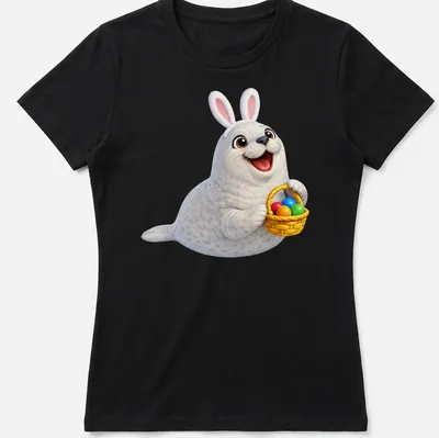 Cartoon Crabeater seal holding a colorful Easter basket with eggs. — printed on a women's shirt