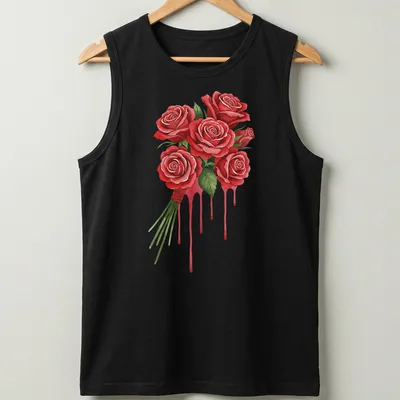 Watercolor print of a crimson rose bouquet with fluid drip style — printed on a tank top