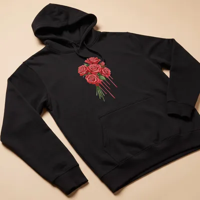 Watercolor print of a crimson rose bouquet with fluid drip style — printed on a unisex hoodie