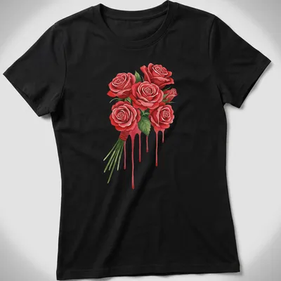 Watercolor print of a crimson rose bouquet with fluid drip style — printed on a women's shirt