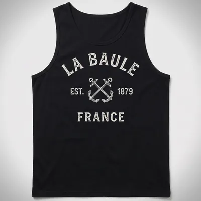 Vintage print of crossed boat anchors with La Baule France established year — printed on a tank top