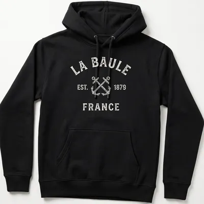 Vintage print of crossed boat anchors with La Baule France established year — printed on a unisex hoodie