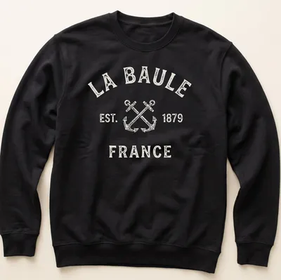 Vintage print of crossed boat anchors with La Baule France established year — printed on a unisex sweatshirt