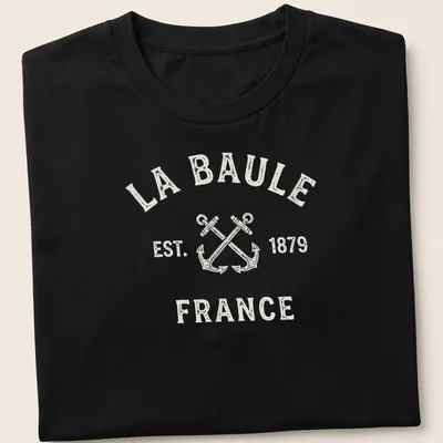 Vintage print of crossed boat anchors with La Baule France established year — printed on a unisex t-shirt