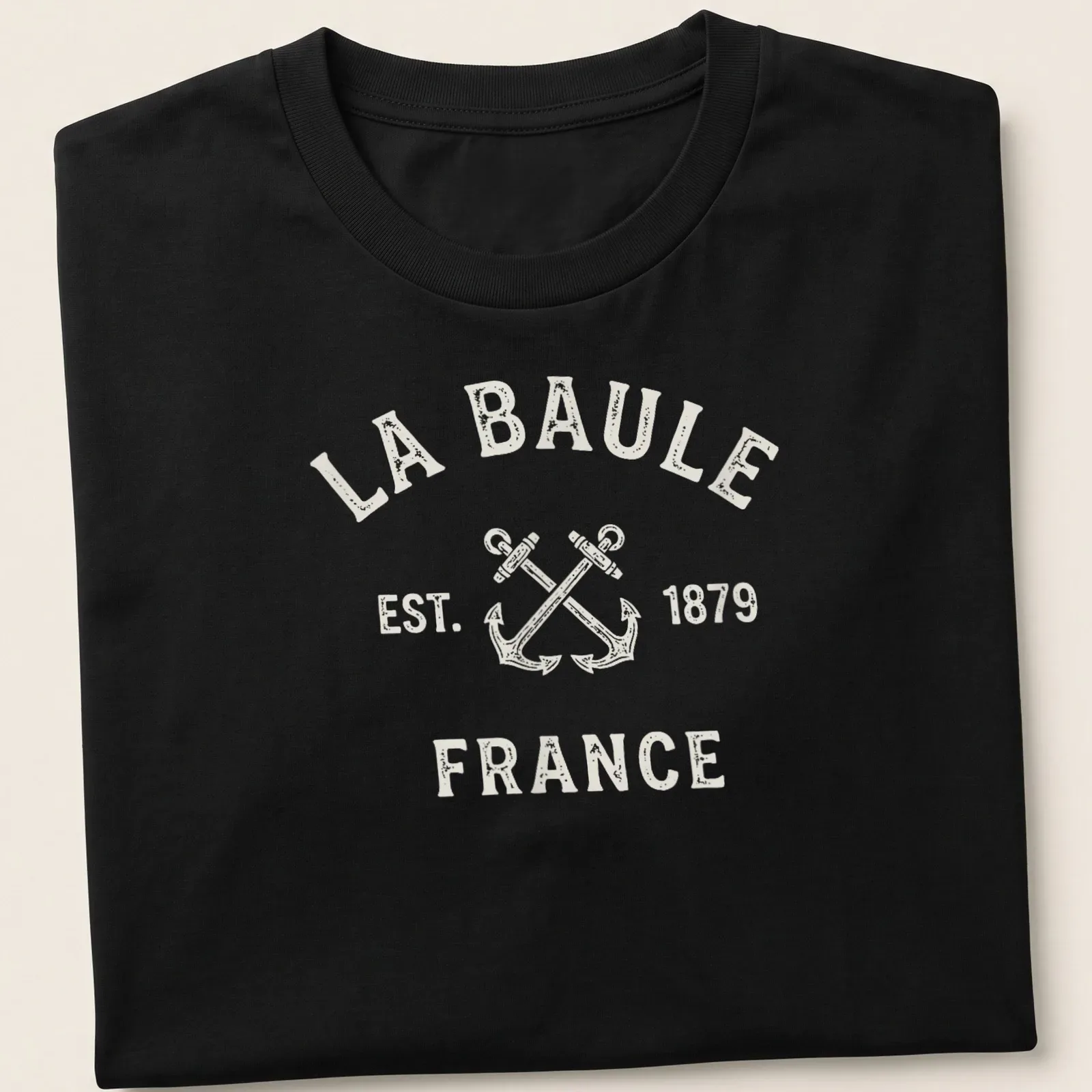Vintage print of crossed boat anchors with La Baule France established year — printed on a unisex t-shirt