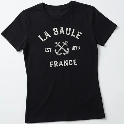 Vintage print of crossed boat anchors with La Baule France established year — printed on a women's shirt