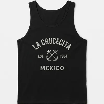 Vintage print of crossed boat anchors with La Crucecita Mexico text — printed on a tank top