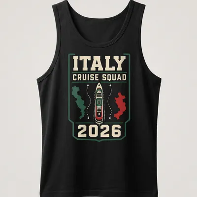 Bold graphic Cruise Squad Italy 2026 T-shirt featuring a cruise ship — printed on a tank top
