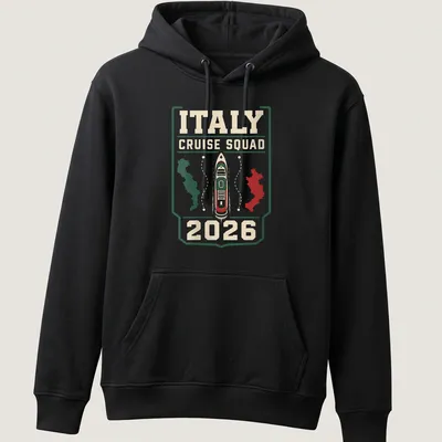 Bold graphic Cruise Squad Italy 2026 T-shirt featuring a cruise ship — printed on a unisex hoodie
