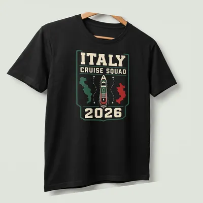 Bold graphic Cruise Squad Italy 2026 T-shirt featuring a cruise ship — printed on a unisex t-shirt (angled view)