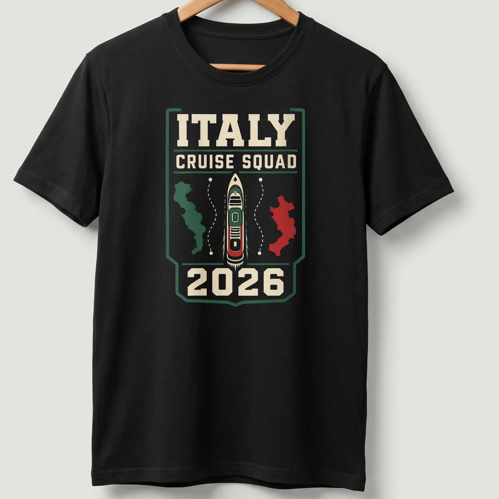 Bold graphic Cruise Squad Italy 2026 T-shirt featuring a cruise ship — printed on a unisex t-shirt