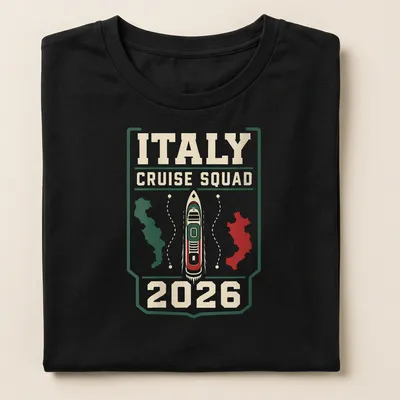Bold graphic Cruise Squad Italy 2026 T-shirt featuring a cruise ship — printed on a women's shirt