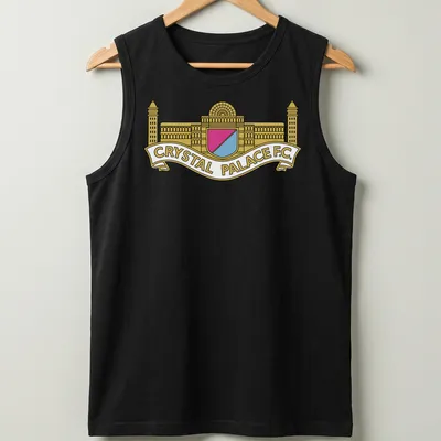 Bold graphic Crystal Palace F.C. crest logo in gold, pink, light blue, and white — printed on a tank top