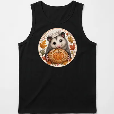 Whimsical illustration of a cute possum baker holding a pumpkin-shaped sourdough — printed on a tank top
