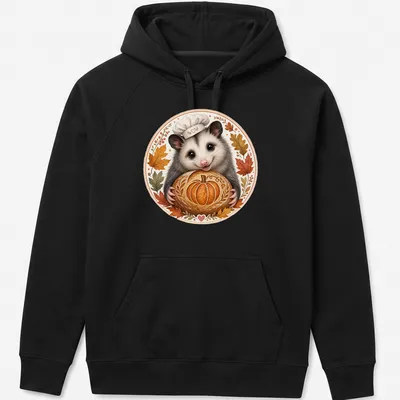 Whimsical illustration of a cute possum baker holding a pumpkin-shaped sourdough — printed on a unisex hoodie