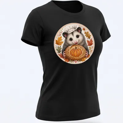 Whimsical illustration of a cute possum baker holding a pumpkin-shaped sourdough — printed on a women's shirt