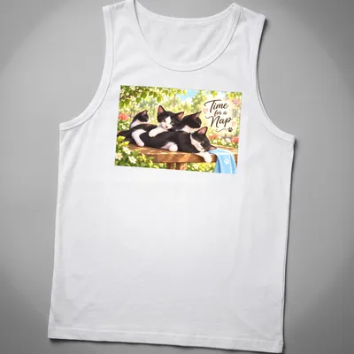 Realistic print of black and white kittens napping with text 'Time for a Nap' — printed on a tank top