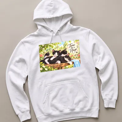Realistic print of black and white kittens napping with text 'Time for a Nap' — printed on a unisex hoodie