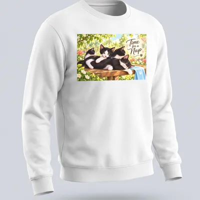 Realistic print of black and white kittens napping with text 'Time for a Nap' — printed on a unisex sweatshirt