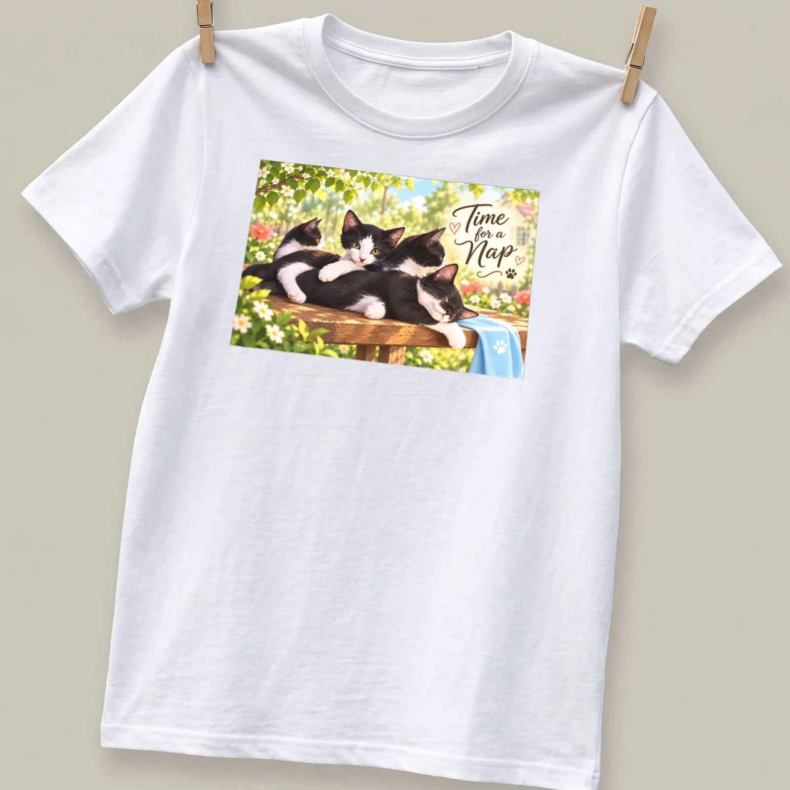 Realistic print of black and white kittens napping with text 'Time for a Nap' — printed on a unisex t-shirt