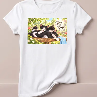 Realistic print of black and white kittens napping with text 'Time for a Nap' — printed on a women's shirt